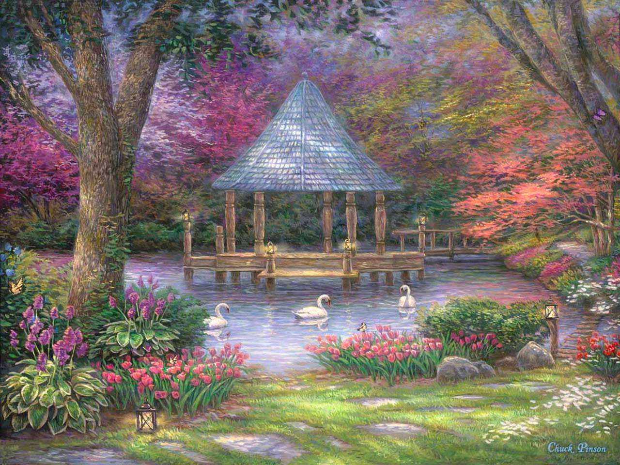 Фотообои в интерьере пруд с лебедями  8-124 фото