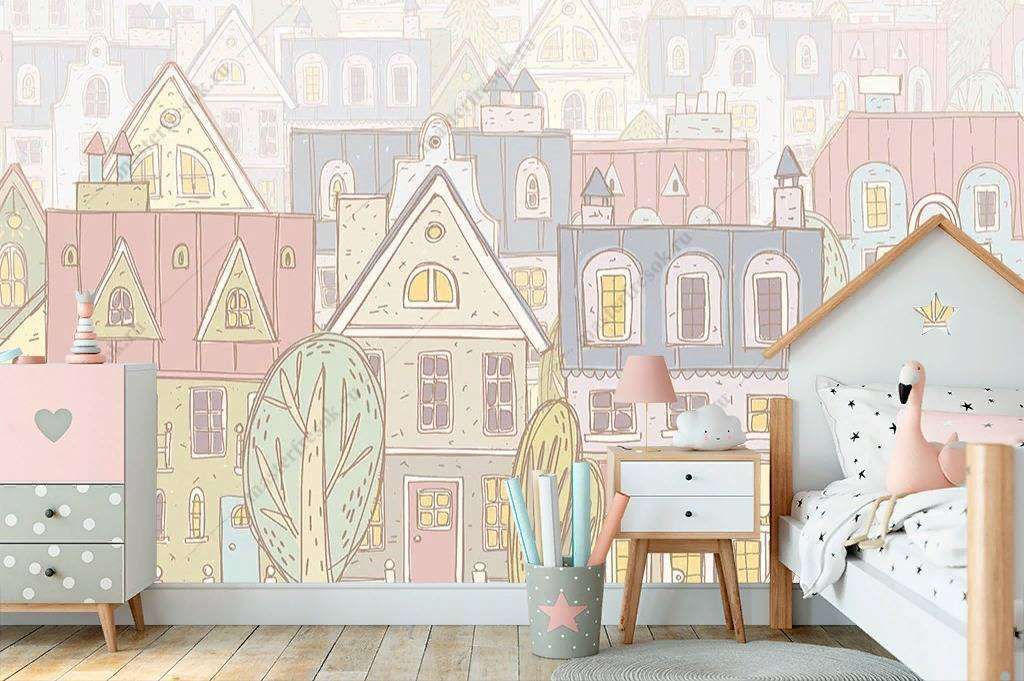 Фотообои в интерьере цветные домики  14-083 фото