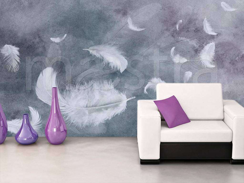 Фотообои в интерьере белые перья и дым  15-510 фото