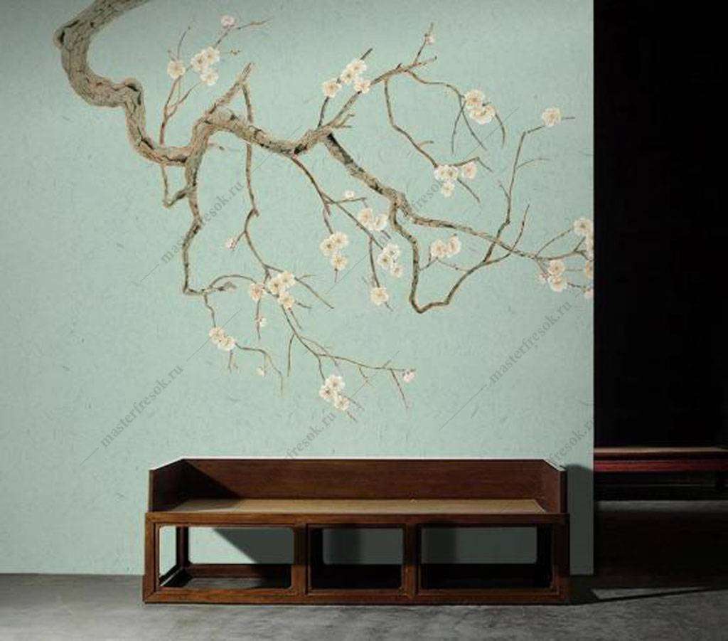 Фотообои в интерьере цветущие ветки миндаля  15-872 фото