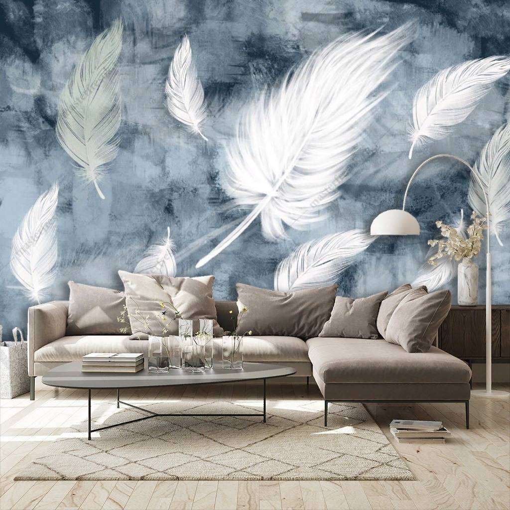 Фотообои в интерьере перья на синем фоне  10-843 фото