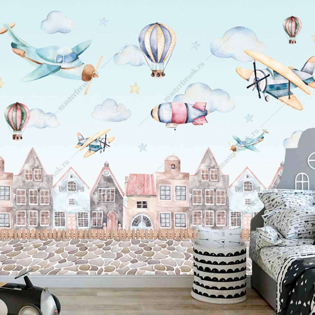 Фотообои в интерьере самолеты над городом  12-943 фото