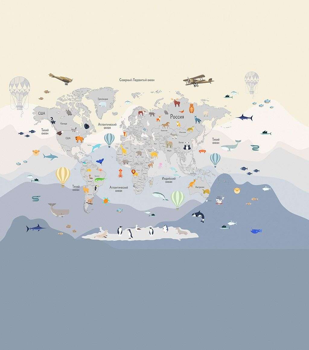 Фотообои в интерьере в детскую вертикальная карта с животными   14-717 фото