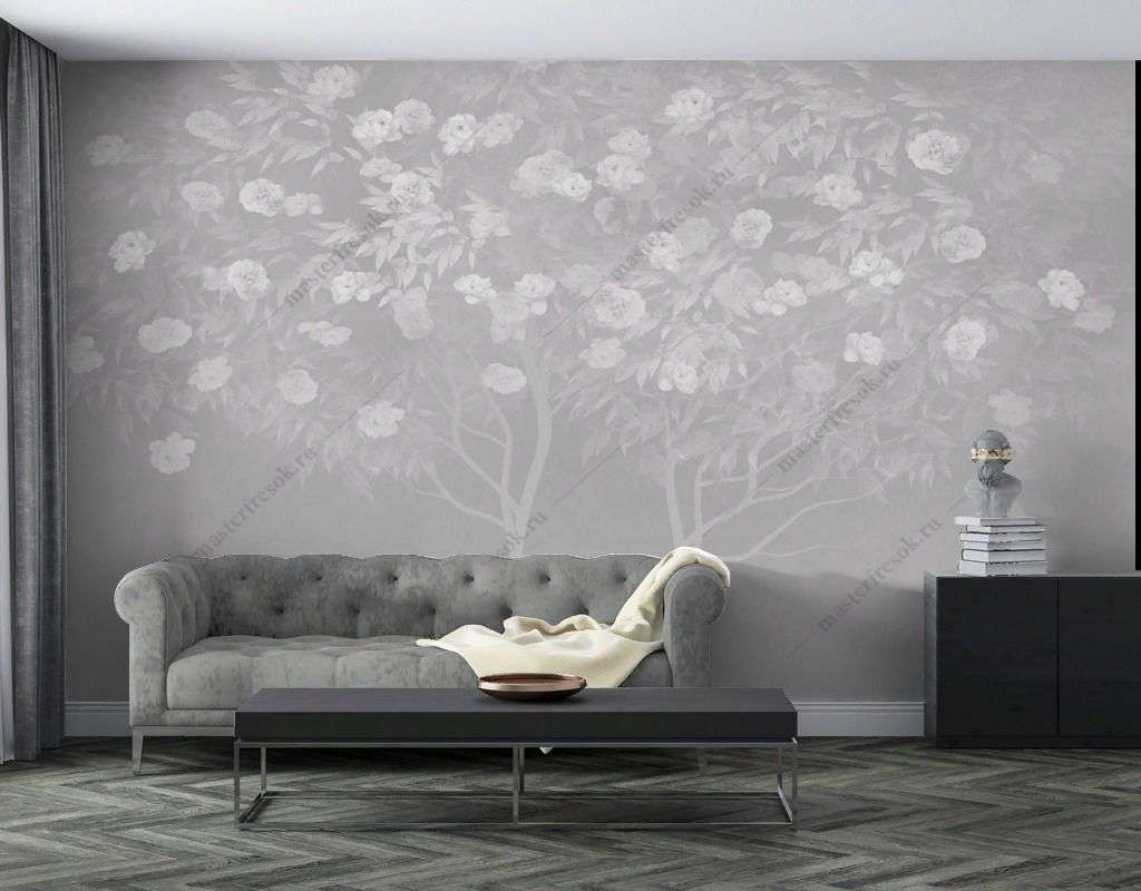 Фотообои в интерьере дерево цветущее на сером фоне  13-586 фото