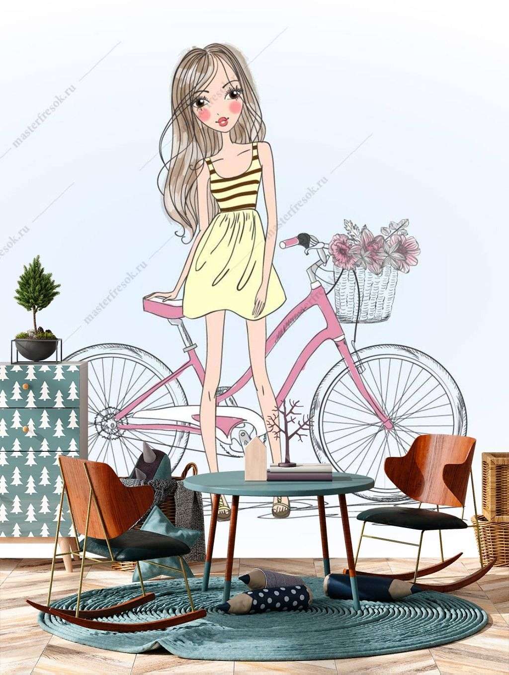 Фотообои в интерьере модница на велосипеде  12-1250 фото