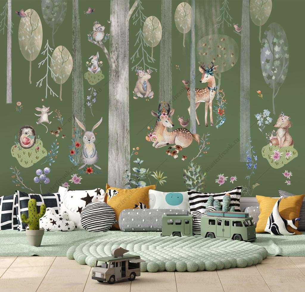 Фотообои в интерьере зеленый лес в детскую  12-1295 фото