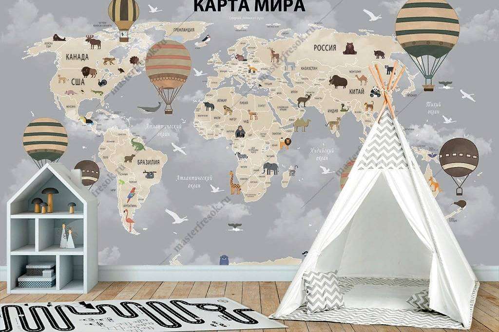 Фотообои в интерьере детская карта мира с воздушными шарами  14-059 фото