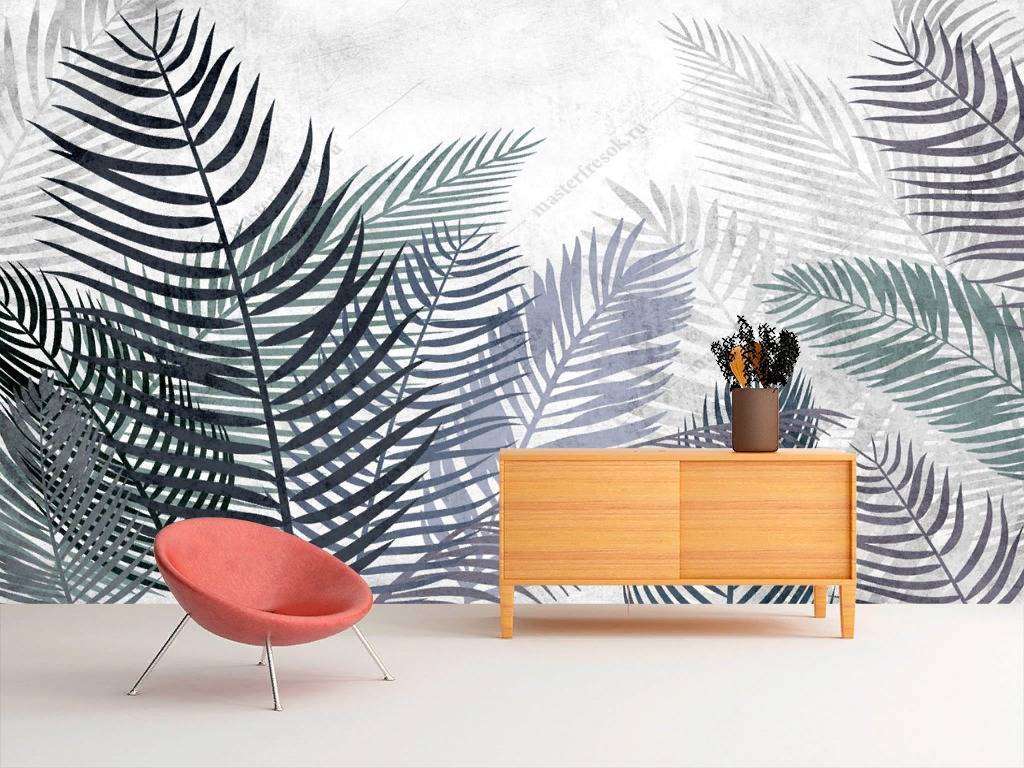 Фотообои в интерьере синие тропические листья  10-727 фото
