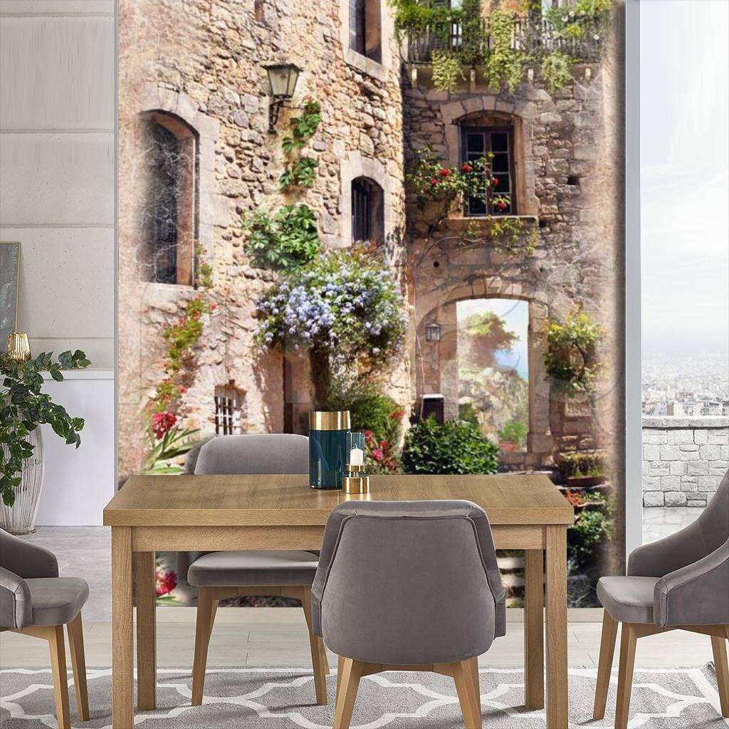 Фотообои в интерьере старинная улочка в цветах  5-070 фото