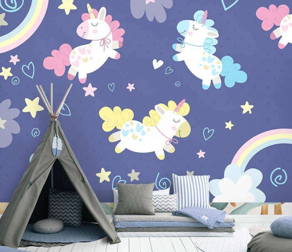 Фотообои в интерьере разноцветные единороги  15-352 фото