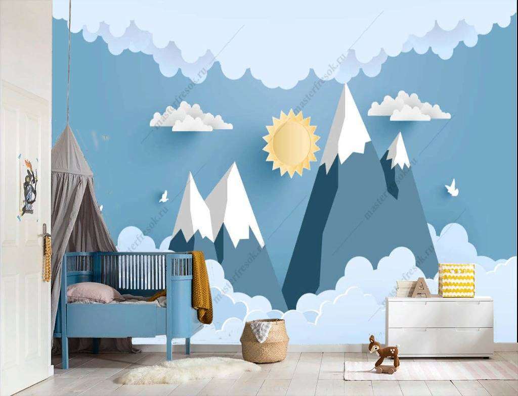 Фотообои в интерьере 3д горы и солнце  12-862 фото