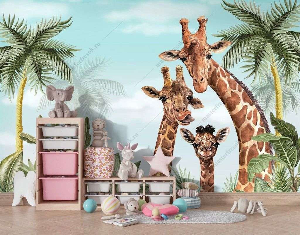 Фотообои в интерьере семейство жирафов  14-513 фото