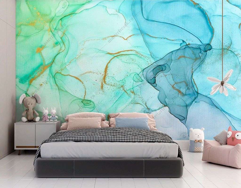 Фотообои в интерьере флюид арт зеленый с голубым  9-1788 фото