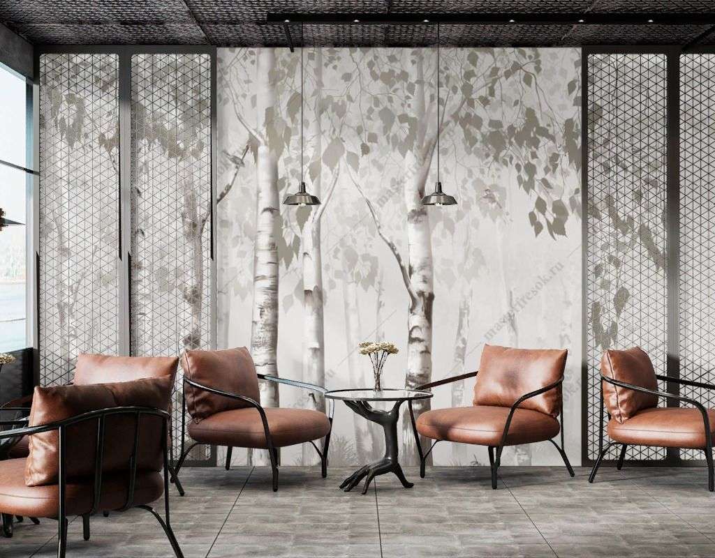 Фотообои в интерьере березовый лес серый  13-620 фото