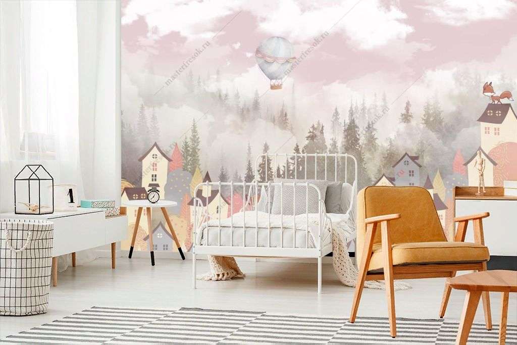 Фотообои в интерьере детский город в красках  14-236 фото