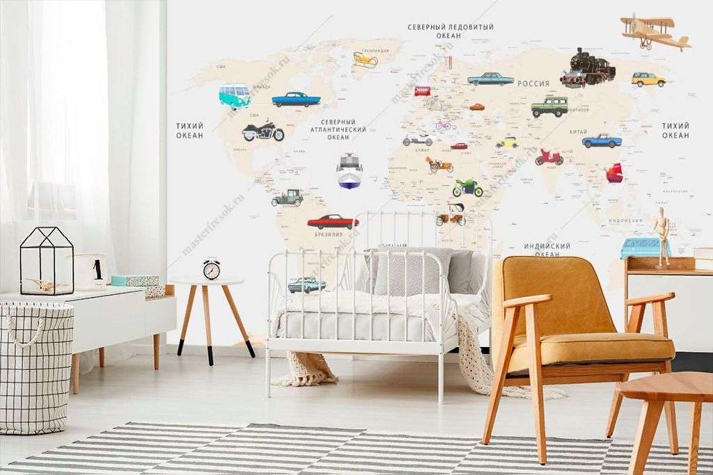 Фотообои в интерьере детская карта мира с машинками  14-285 фото