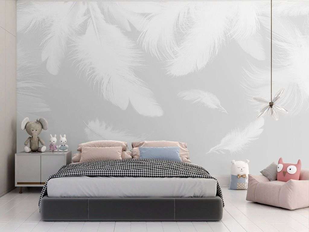 Фотообои в интерьере перья белые на сером фоне     14-780 фото