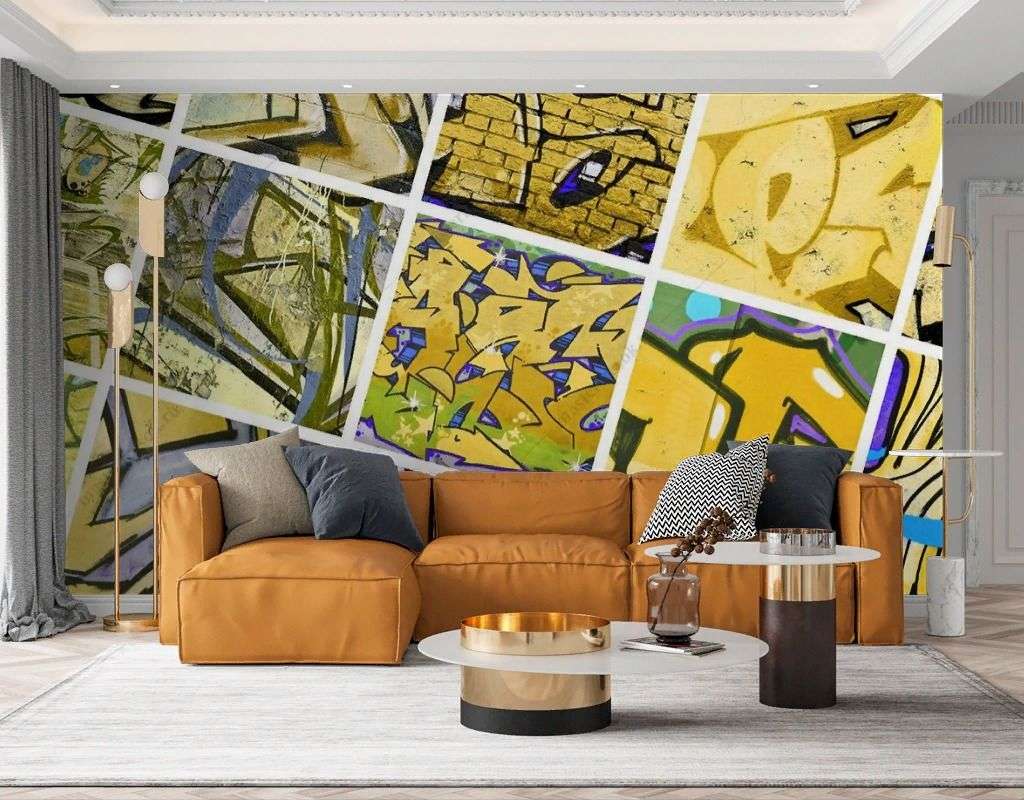 Фотообои в интерьере фрагменты граффити желтые  12-1580 фото