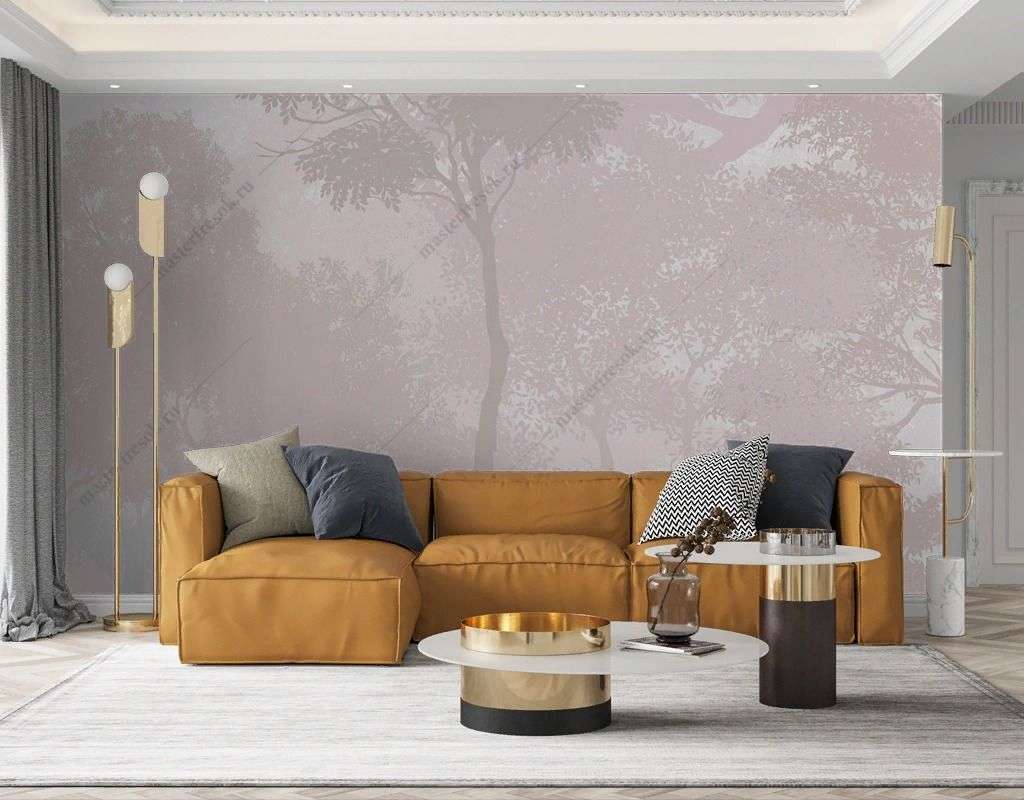 Фотообои в интерьере лес в бежевой дымке  12-1540 фото