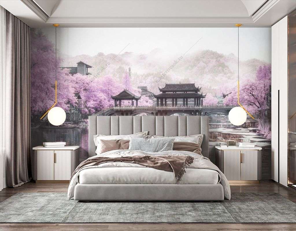 Фотообои в интерьере цветущий японский сад  9-1679 фото