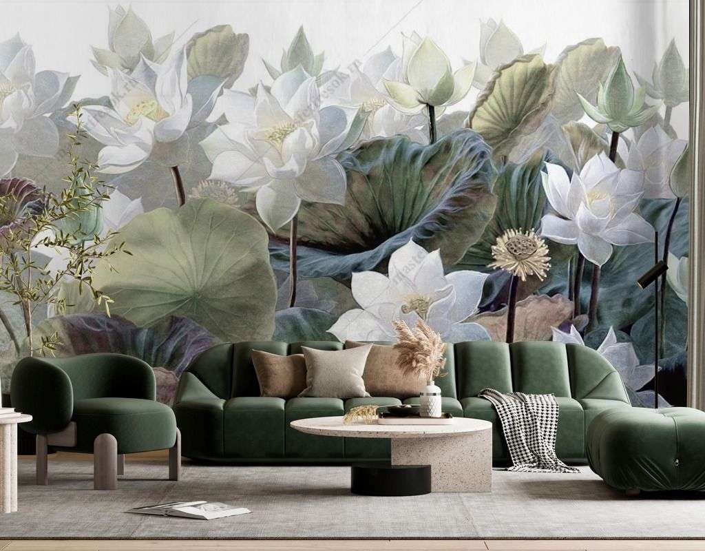 Фотообои в интерьере лотосы на белом фоне  9-1637 фото