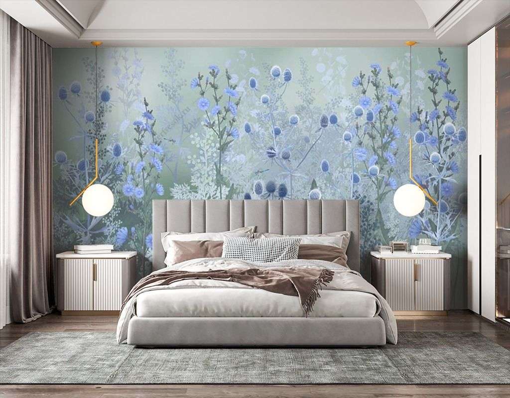 Фотообои в интерьере полевые цветы на сером фоне  13-626 фото