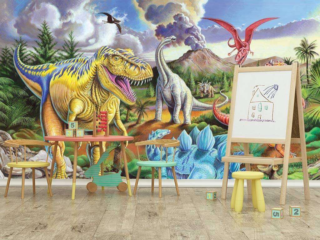 Фотообои в интерьере динозавры и вулкан  8-323 фото