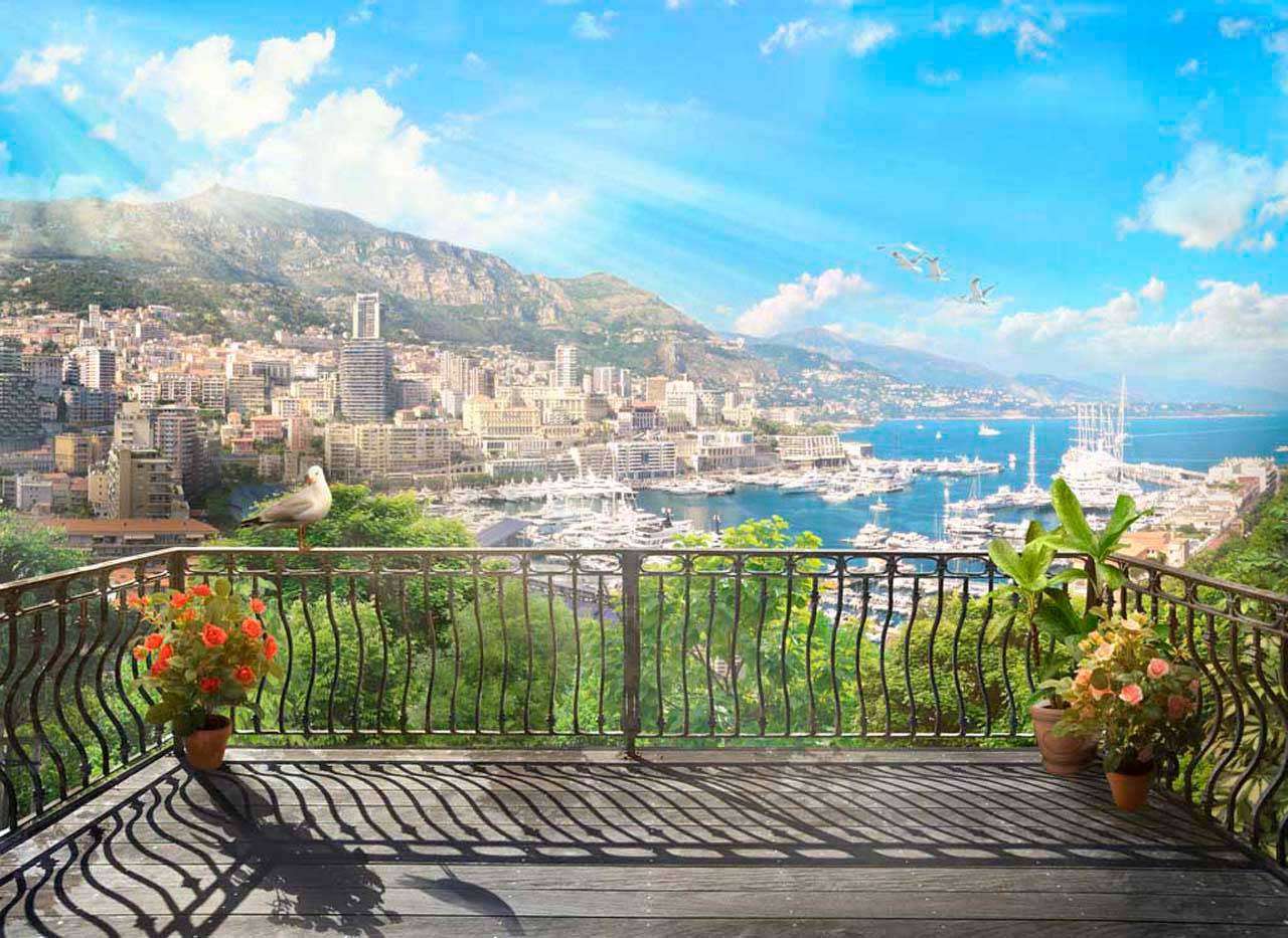 Фотообои в интерьере вид на солнечный город утром  11-105 фото