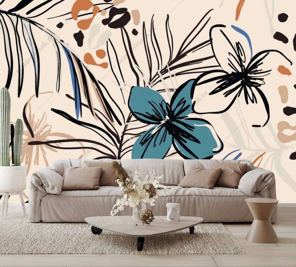 Фотообои в интерьере цветы на бежевом фоне  9-1120 фото