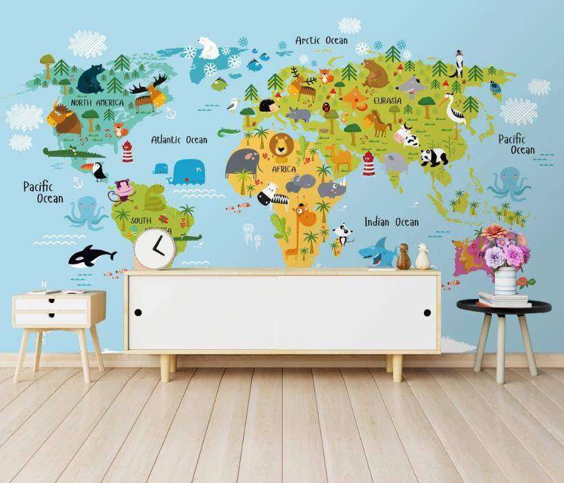 Фотообои Бесшовные обои на стену:  Карта мира с животными. Артикул: 15-051  