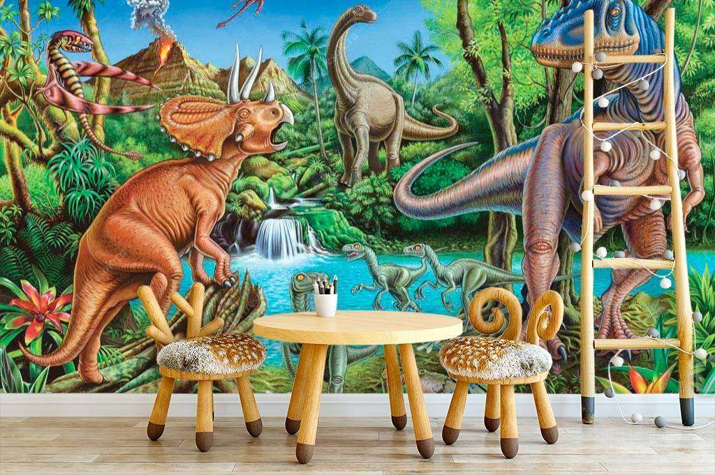 Фотообои в интерьере динозавры рядом с вулканом  8-304 фото