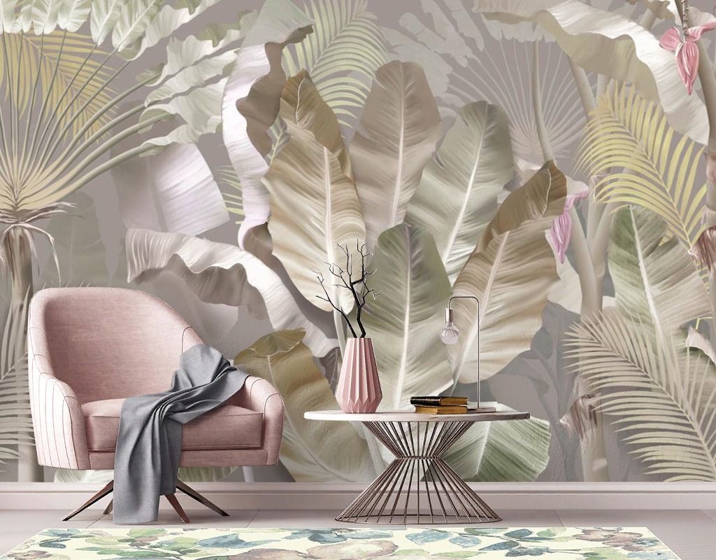 Фотообои в спальню банановые листья бежевые   13-677