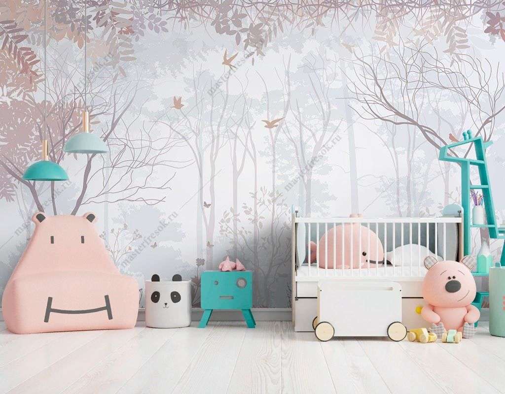 Фотообои в интерьере лес в нежно-розовых оттенках  12-1478 фото