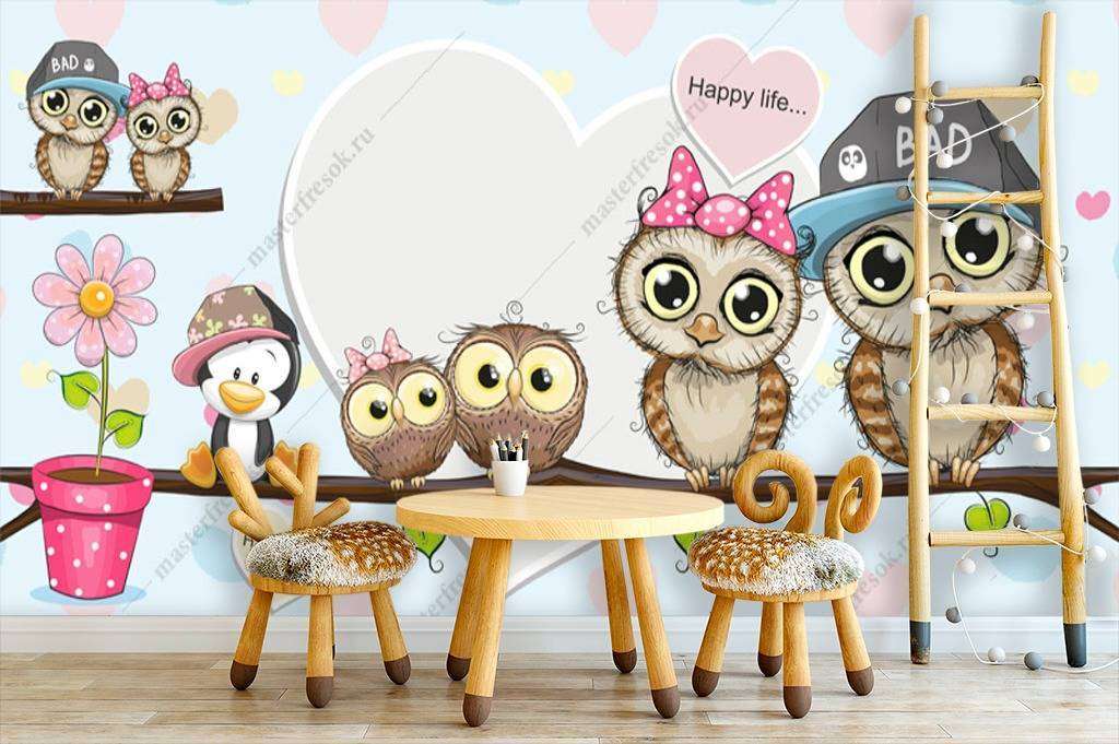 Фотообои в интерьере семейство сов  12-930 фото