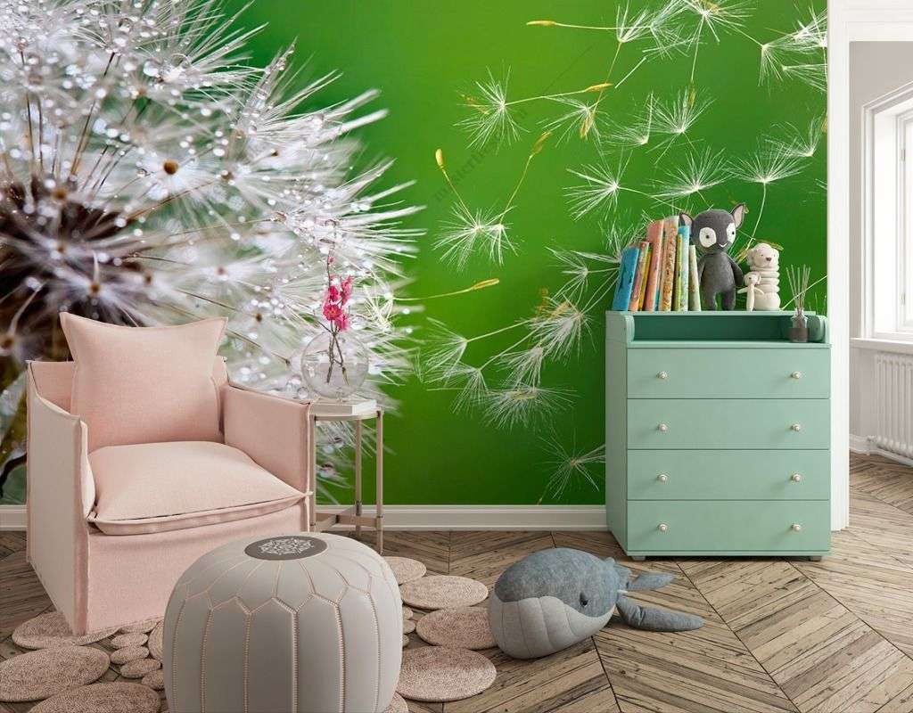 Фотообои в интерьере одуванчик в росе  9-1607 фото