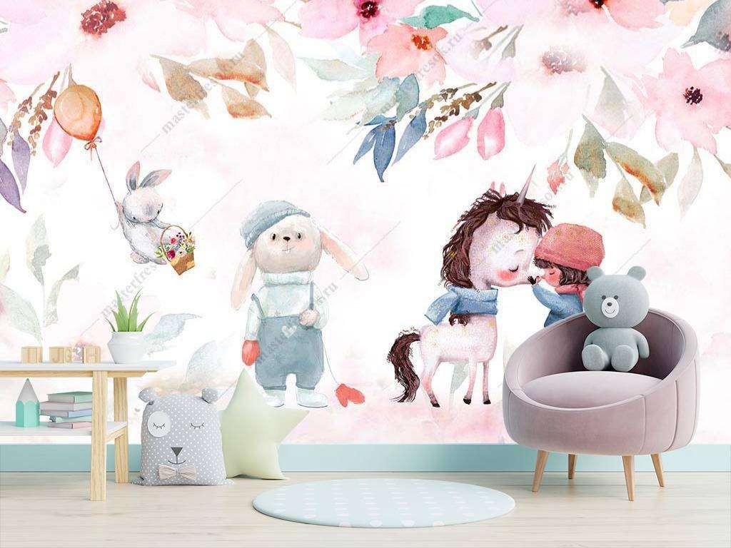 Фотообои в интерьере девочка и пони  14-002 фото