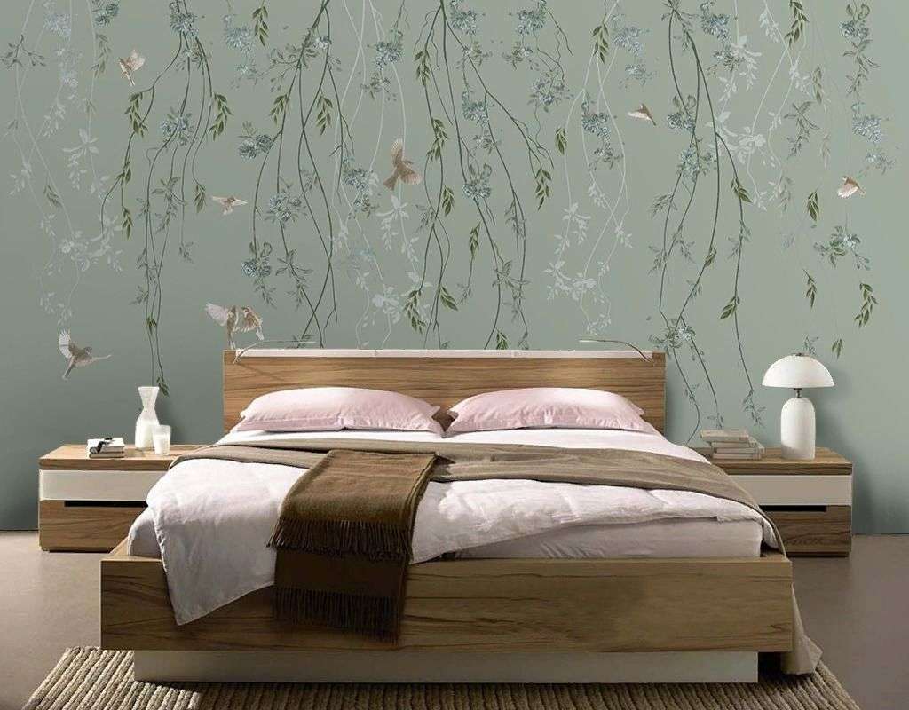 Фотообои в интерьере ветки на зеленом фоне   14-758 фото