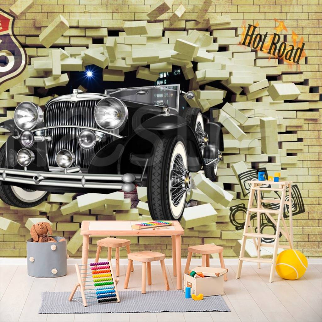 Фотообои Ретро автомобиль выезжает из стены  12-385