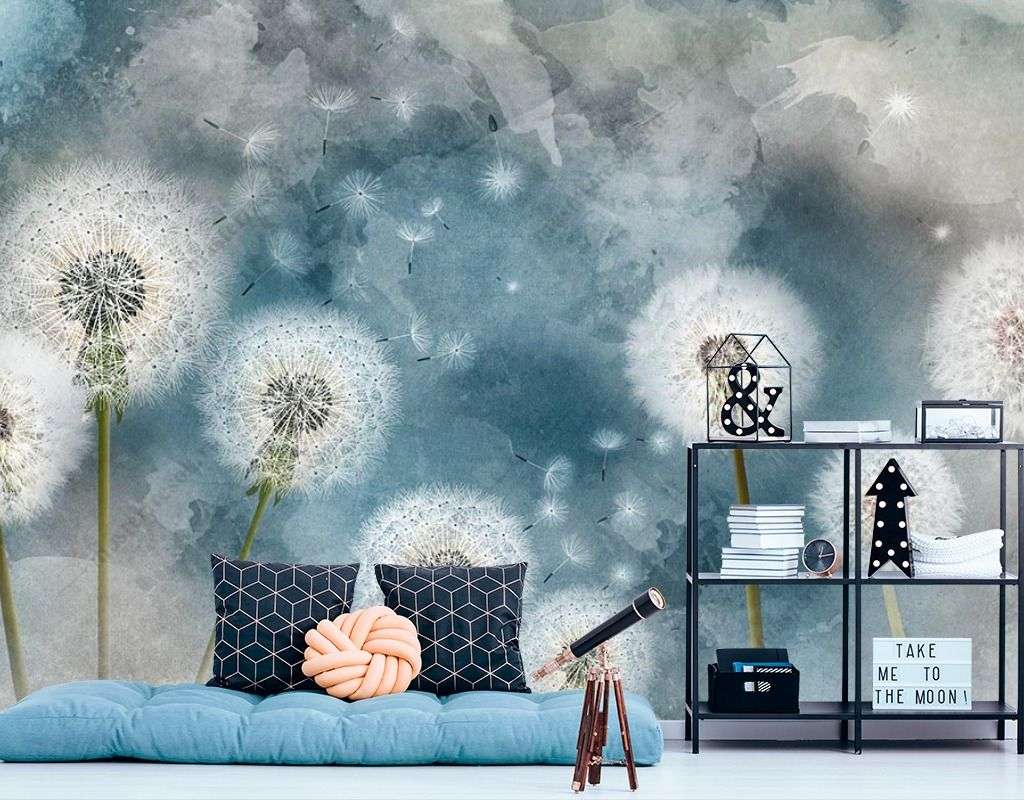 Фотообои в интерьере одуванчики на синем фоне  14-476 фото