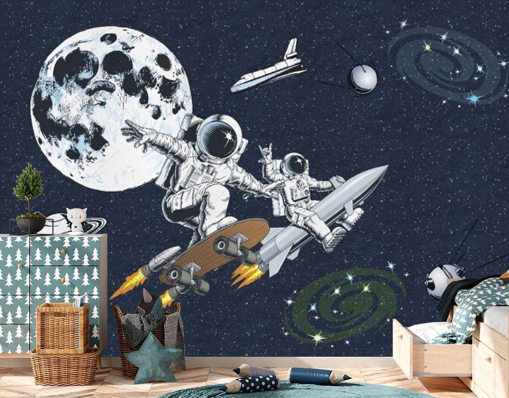 Фотообои Бесшовные обои на стену:  Космонавт-скейтбордист в детскую. Артикул: 14-728  