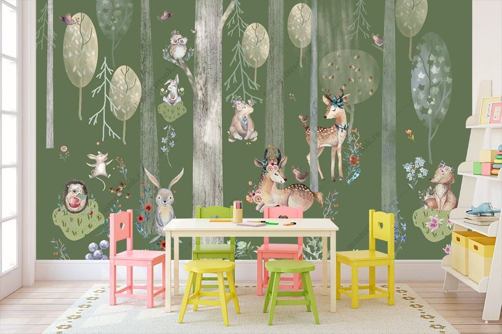 Фотообои Зеленый лес с животными  12-1296