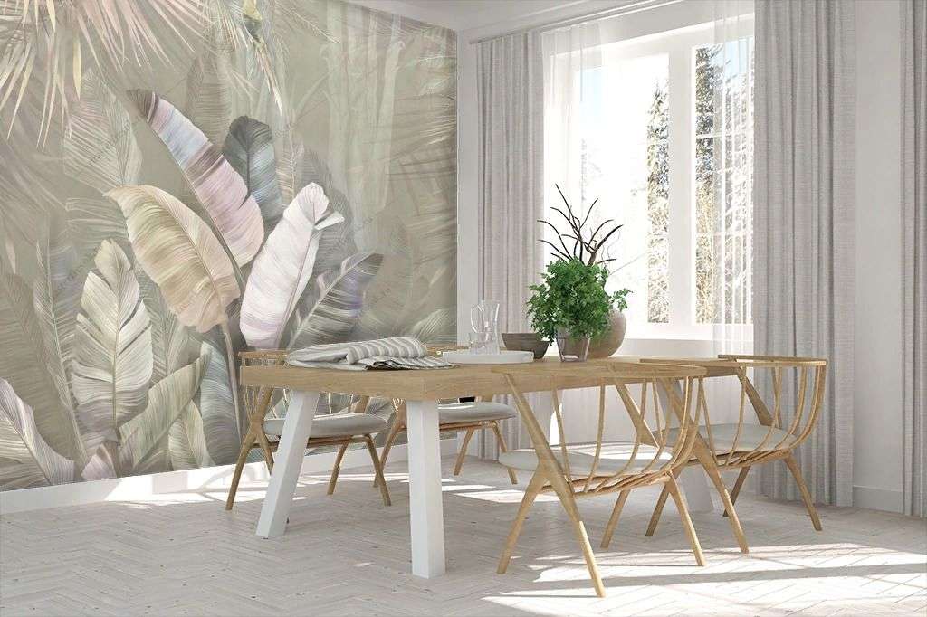 Фотообои в интерьере банановые листья и птица на сером фоне  14-622 фото