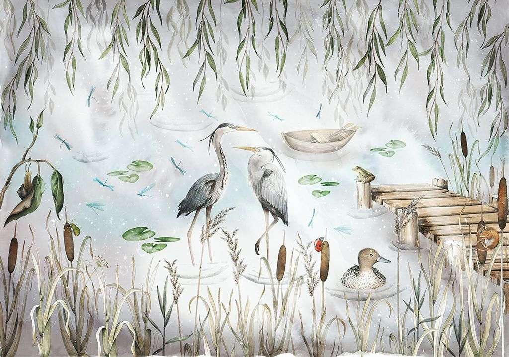 Фотообои в интерьере в детскую журавли на озере    9-1873 фото