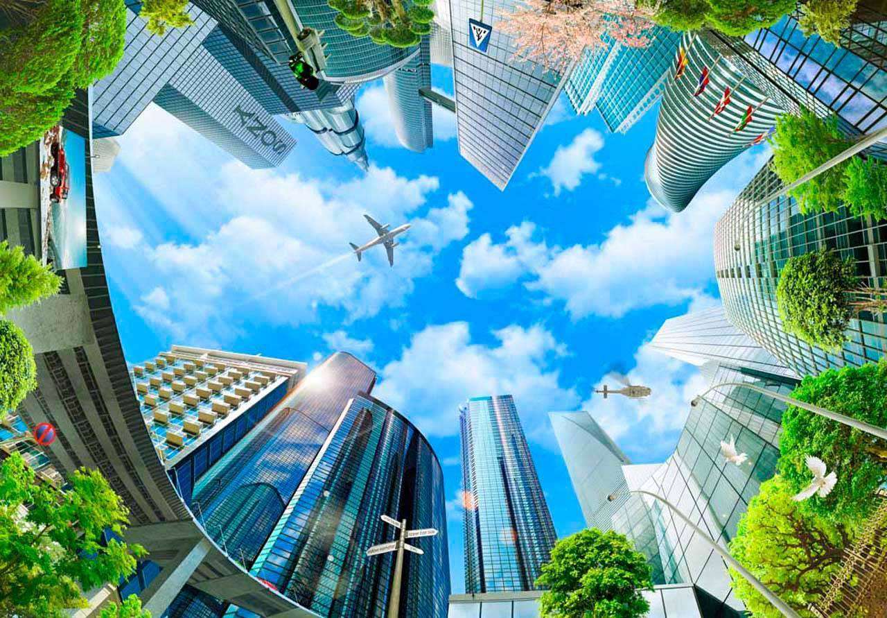 Фотообои в интерьере вид на мегаполис снизу  11-127 фото