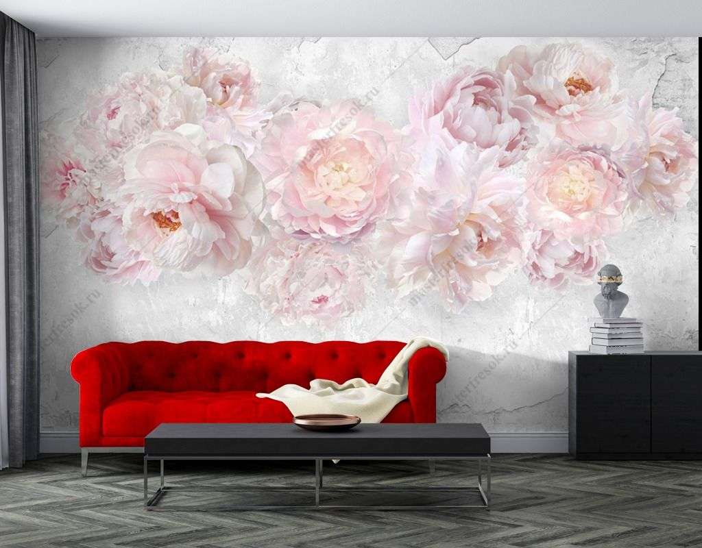 Фотообои в интерьере пионы на мраморном фоне  14-369 фото