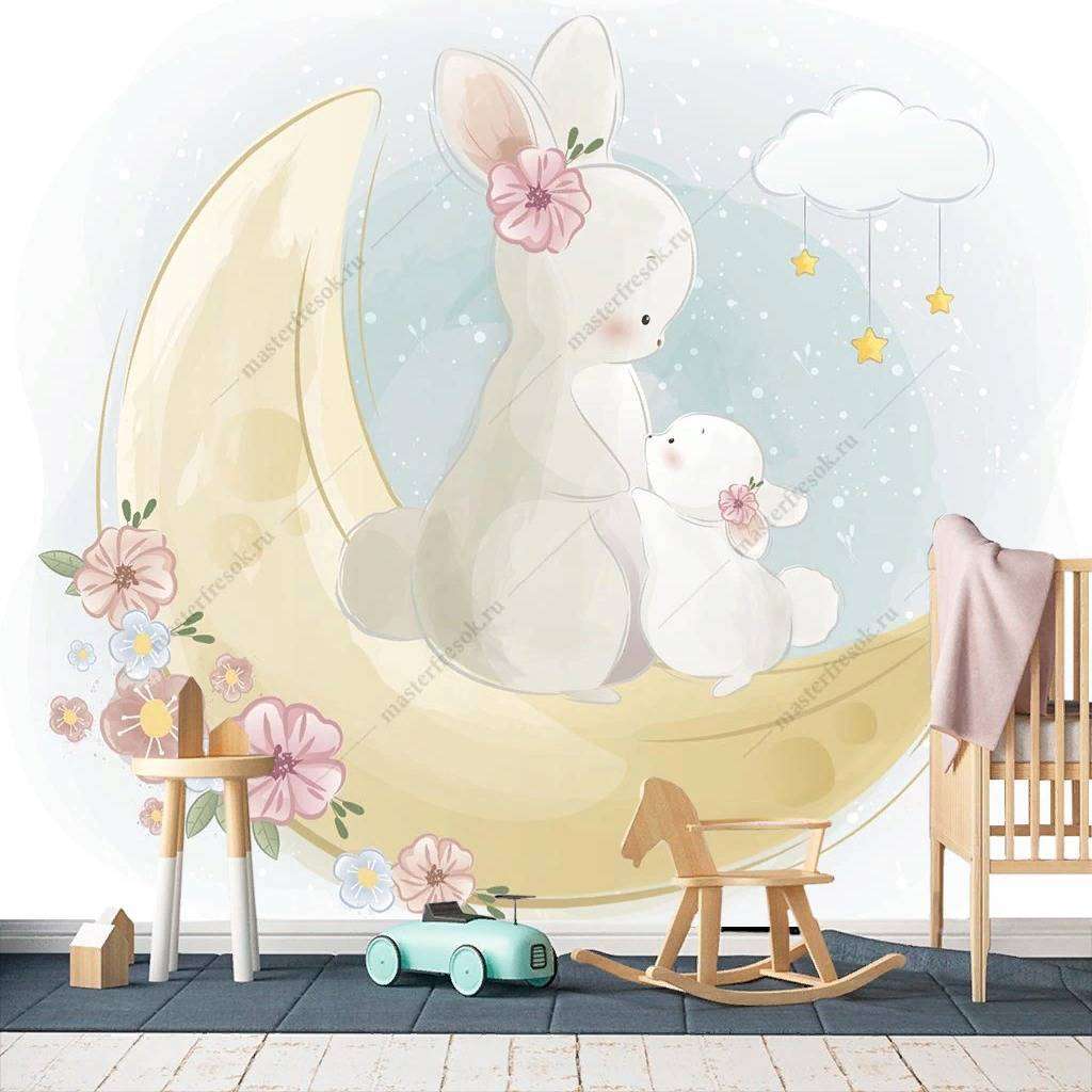 Фотообои в интерьере кролик с мамой на луне  12-456 фото