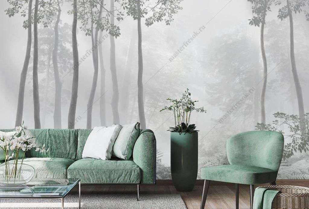 Фотообои в интерьере деревья в тумане  13-352 фото