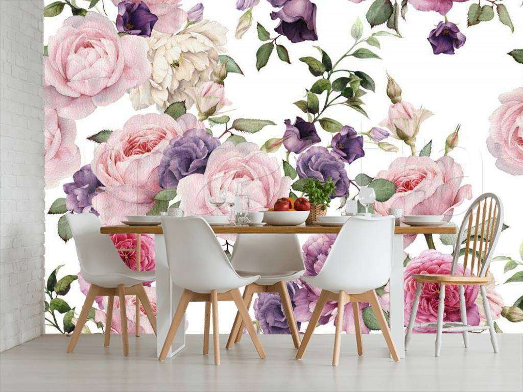 Фотообои в интерьере розовые цветы обои  9-086 фото