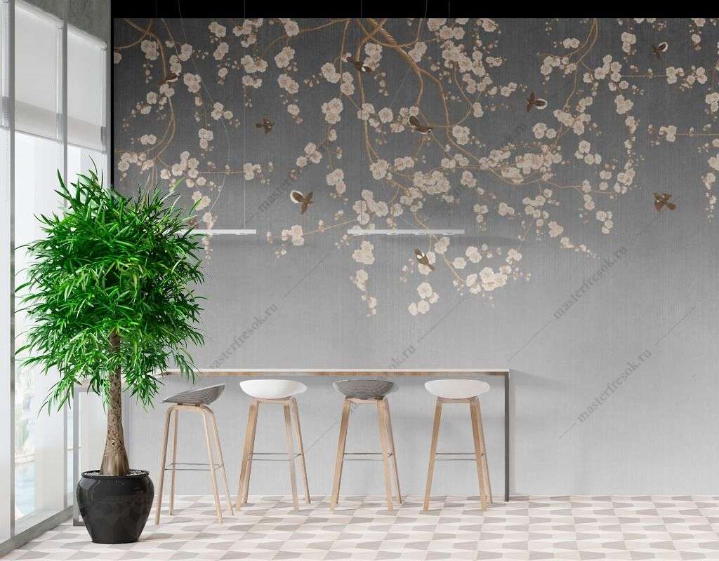 Фотообои в интерьере веточка сакуры и птицы  9-1481 фото