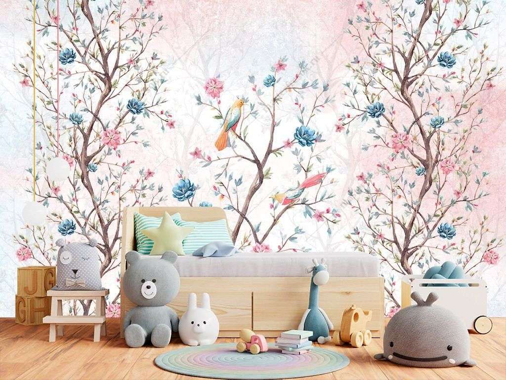 Фотообои в интерьере птицы на цветущем дереве  14-474 фото
